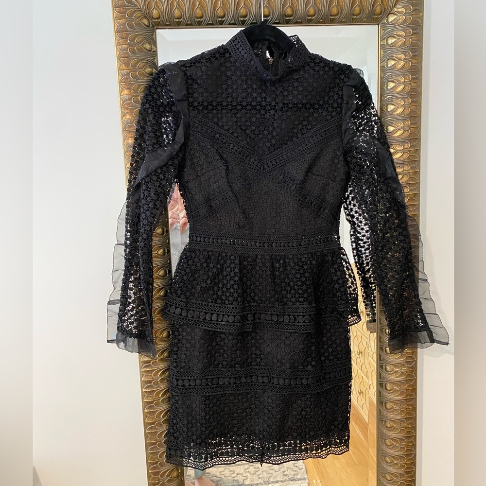 Aqua black lace midi with high neck